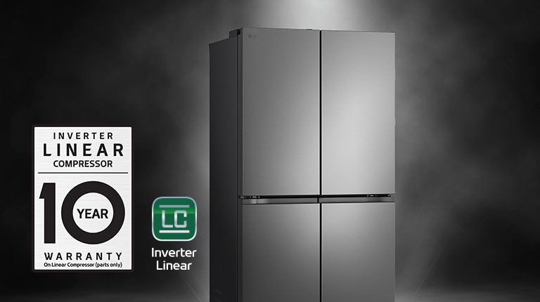 Refrigerator with 10yr parts warranty icon on black background